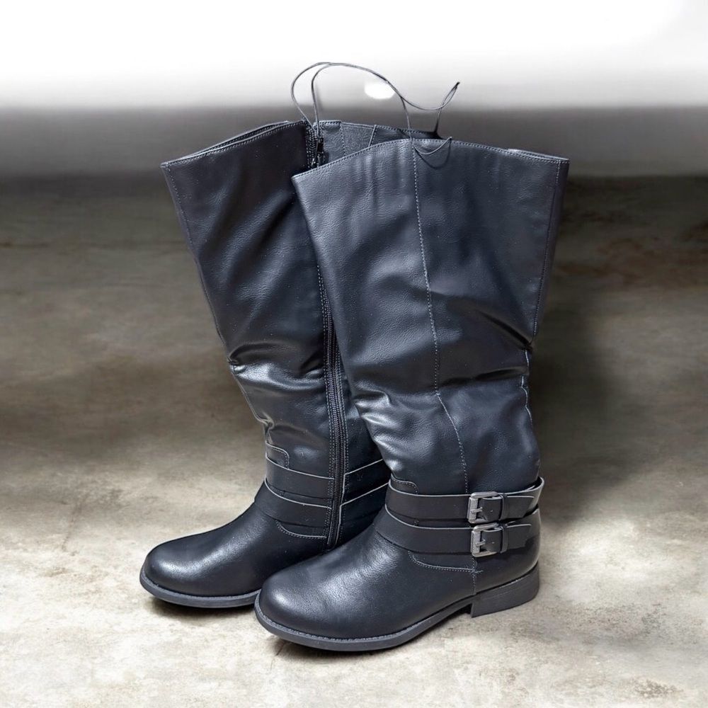 Style & Co Women's Maliaa buckled riding boots, black faux leather. New (no box)